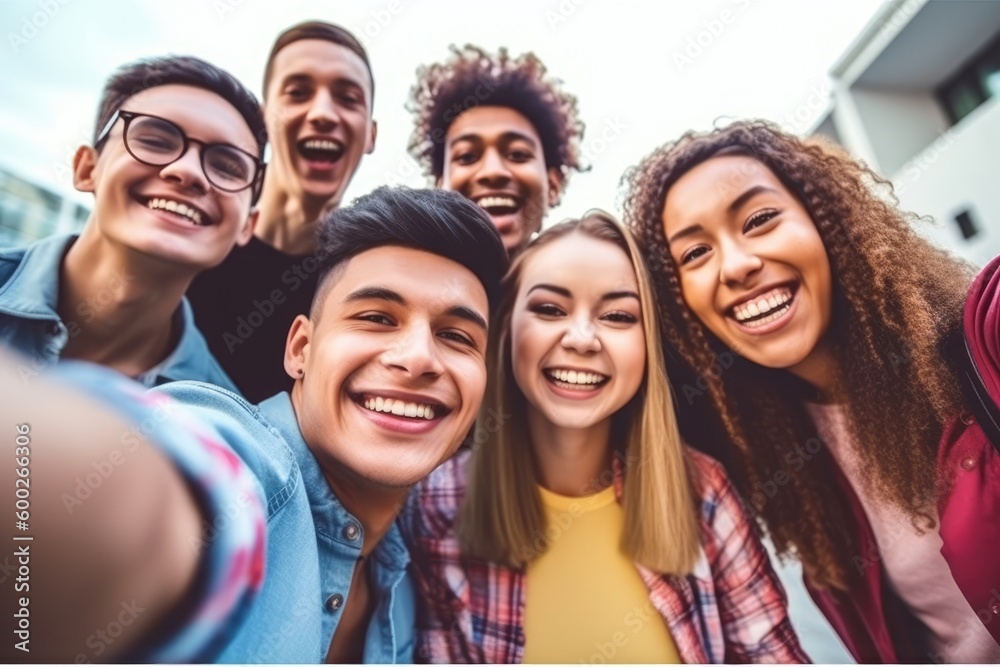 Multiracial group of friends having fun together outdoors on city street- Young cheerful people walking hugging outside- Next gen z lifestyle concept-Smiling student enjoying vacation. Generative AI