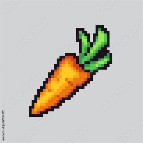 pixel art carrot. Cute carrot for bunny pixelated design for logo, web, mobile app, badges and patches. Video game sprite. 8-bit. Isolated vector illustration.