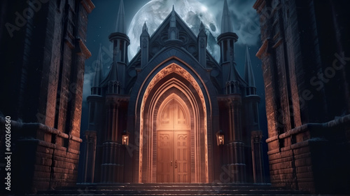 Dark academia style  boarding school in dark gothic castle  entrance gates with dark night and full moon behind  generative AI