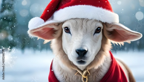 A cute sheep wearing a Santa hat on a snowy background, Generative AI © nali