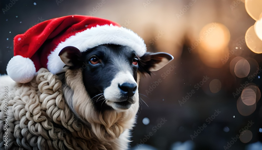 A cute sheep wearing a Santa hat on a snowy background, Generative AI