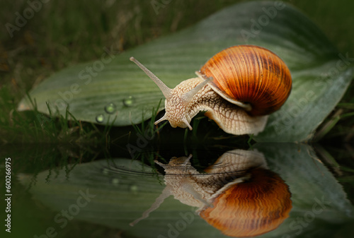 Snail. the snail crawls along the leaf and looks at the reflection on the water.