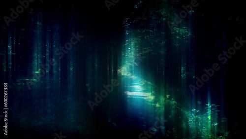 Wallpaper Mural Slowly floating through spooky dark enchanted forest, blue green glow Torontodigital.ca