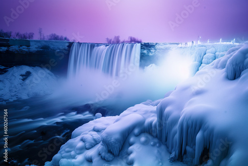 A frozen waterfall in the middle of a purple sky. Generative AI.