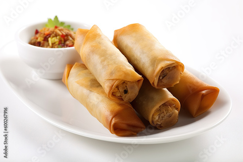 Lumpiang shanghai, small egg rolls filled with pork and vegetables, generative AI dish from Philippines, Filipino dish.
