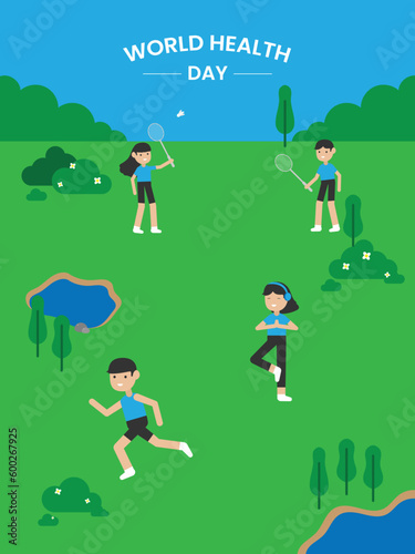 poster design to commemorate world Health day with illustrations of people exercising