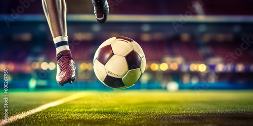 Close up of a soccer striker ready to kicks the ball in the football goal. Soccer scene at night match with player kicking the ball with power 