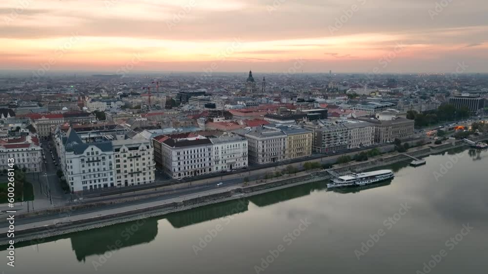 Stunning Sunrise, Aerial View Shot of Budapest city skyline, St. Stephens Basilica Szent Istvan bazilika in the early morning. Hungary Stunning Sunrise, Aerial View Shot of Budapest city skyline, St. Stephens Basilica Szent Istvan bazilika in the early morning. Hungary