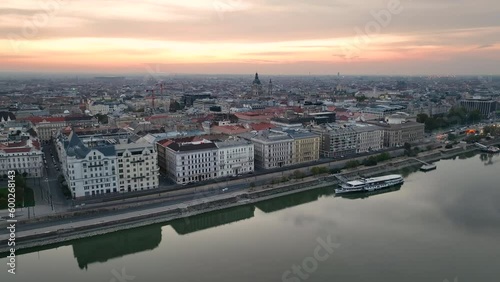 Stunning Sunrise, Aerial View Shot of Budapest city skyline, St. Stephens Basilica Szent Istvan bazilika in the early morning. Hungary photo
