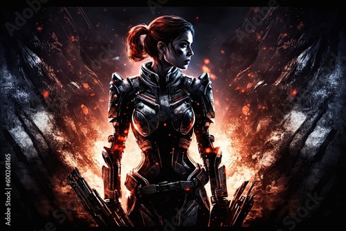 Woman in covering full metal cloth isolated black background. Concept of smart girl model in scifi character with custom in shape and long hairstyle. Glorious generative AI.