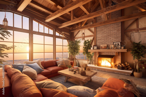 A living room filled with furniture and a fire place. Generative AI. Cosy Norvegian house
