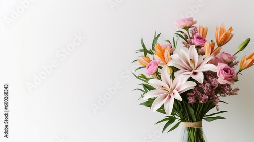 Bouquet of flowers. Simple white background. Generative AI.