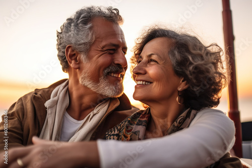 Smiling senior Latino couple in love enjoying a romantic sunset on yacht in the sea, Generative AI