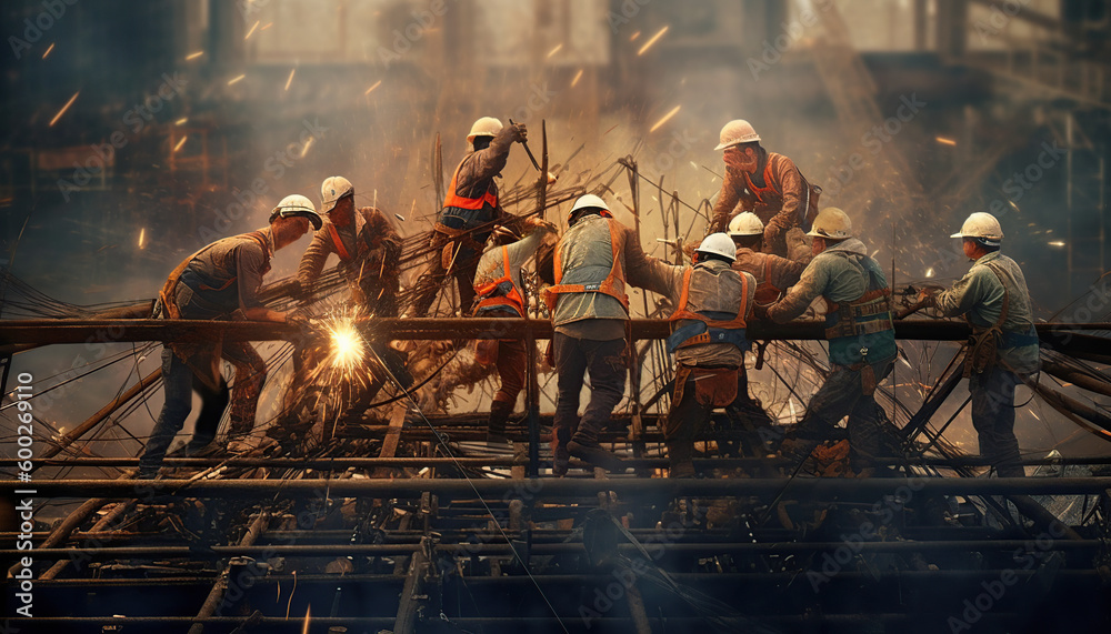 Group of worker and civil engineer in safety uniform install reinforced steel Group of worker and civil engineer in safety uniform install reinforced steel