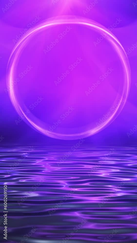 Fantasy aurora loop. Glowing ring in smoke or mist, reflected in water ripples. Mystical sci-fi scene with copy space. Pink, purple, blue. Vertical video.