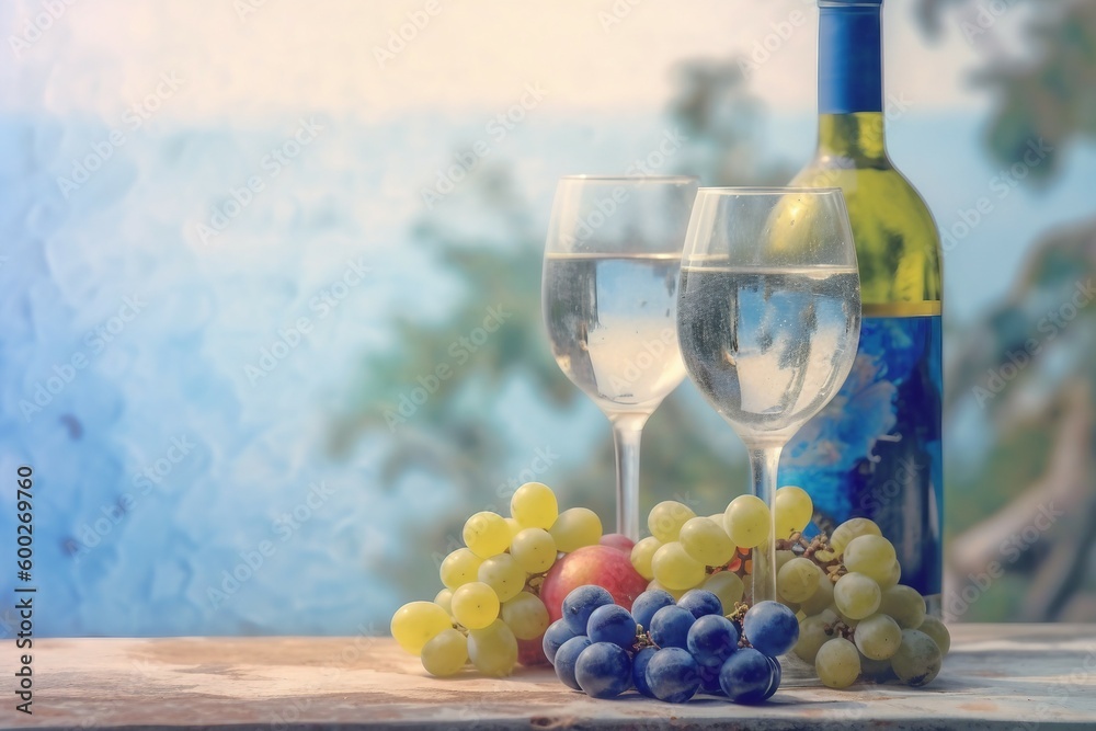 Wine glasses and grapes overlooking the ocean. Generative AI.