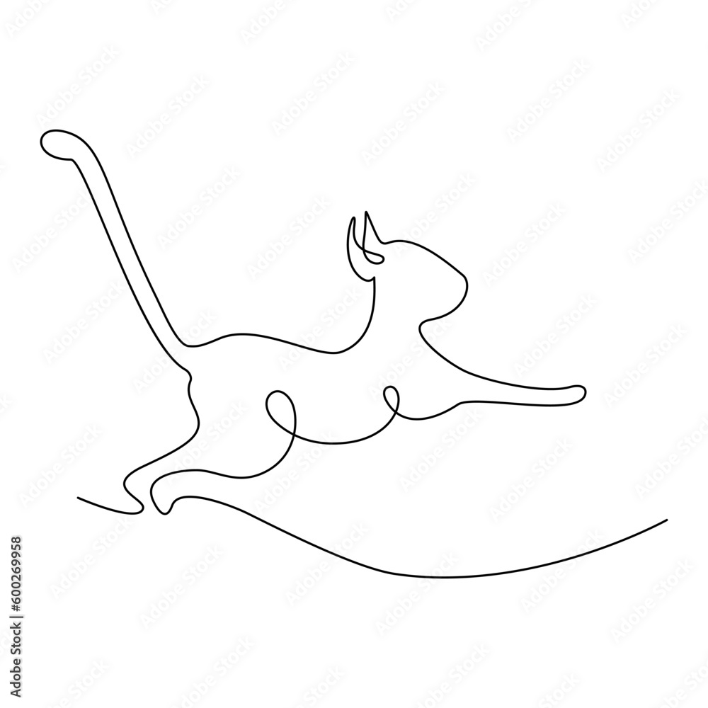 Abstract image of jumping cat drawing in one continuous line. Happy cat day. Sticker. Icon. Isolate Abstract image of jumping cat drawing in one continuous line. Happy cat day. Sticker. Icon. Isolate