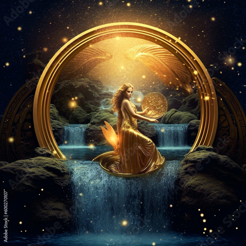 Zodiac sign of Aquarius, fantasy water bearer and gold horoscope wheel, generative AI.