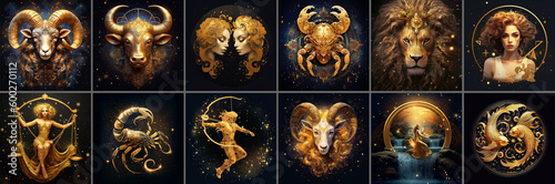 Set of Zodiac signs, golden series of astrological symbols for horoscope theme, generative AI photo