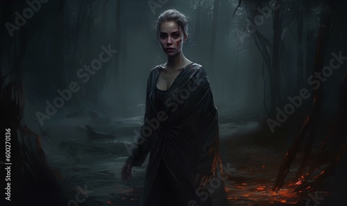 Beautiful necromancer in a tight black ragged dress in a forest at night. generative AI