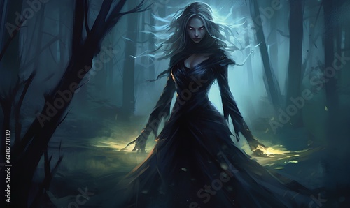 Beautiful necromancer in a tight black ragged dress in a forest at night. generative AI