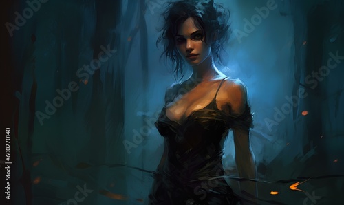 Beautiful necromancer in a tight black ragged dress in a forest at night. generative AI