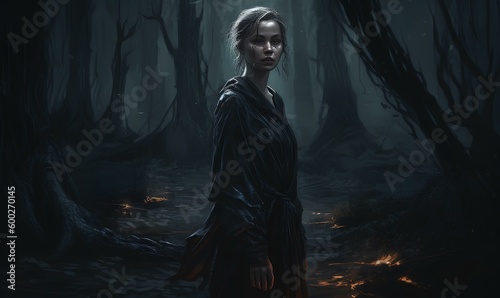 Beautiful necromancer in a tight black ragged dress in a forest at night. generative AI