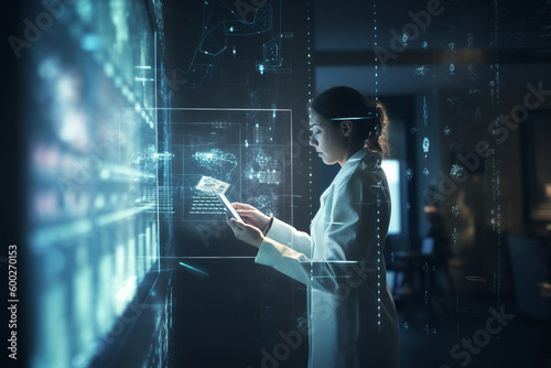 Future medicine. Medicine doctor using digital medical futuristic interface. Molecular fluorescent neuron network and DNA is used in medicine. Healthcare, analysis, diagnose, laboratory Generative AI