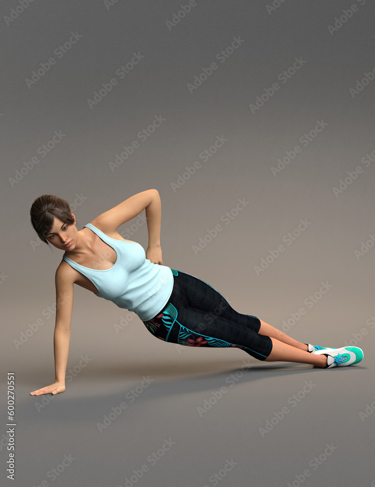 Fototapeta premium Young beautiful woman in one hand push up pose 3D render illustration yoga pose series.