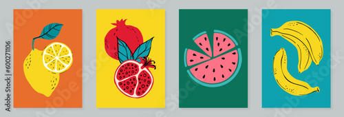 Fruit poster set lemon, watercolor, banana and pomegranate. Modern style, pastel colors