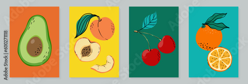 Fruit poster set avocado, peach, cherry and orange. Modern style, pastel colors