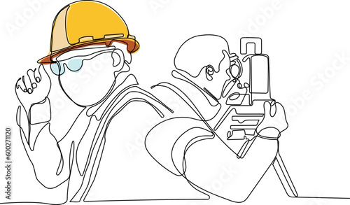 Close up of Caucasian worker with helmet on head using tablet for work while standing in warehouse. Surveyor with a tripod icon. Geodesic tripod. Vector illustration