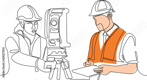 Close up of Caucasian worker with helmet on head using tablet for work while standing in warehouse. Surveyor with a tripod icon. Geodesic tripod. Vector illustration