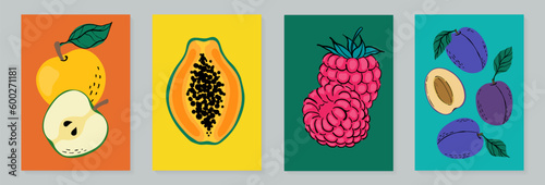 Fruit poster set apple,papaya, raspberry and plum. Modern style, pastel colors