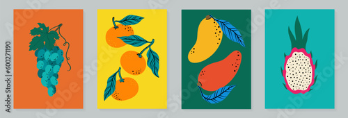 Fruit poster set grape, tangerine, mango and dragonfruit. Modern style, pastel colors