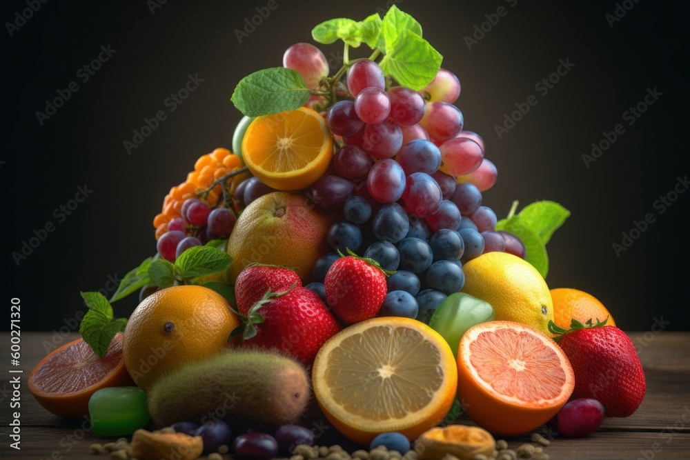 Various fruits. The concept of healthy nutrition and proper carbohydrates. AI generated, human enhanced