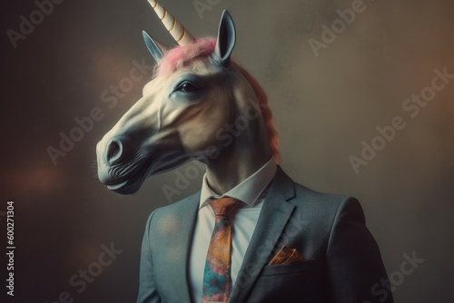 Anthropomorphic fairytale unicorn dressed in a suit like a businessman. Business Concept. AI generated  human enhanced