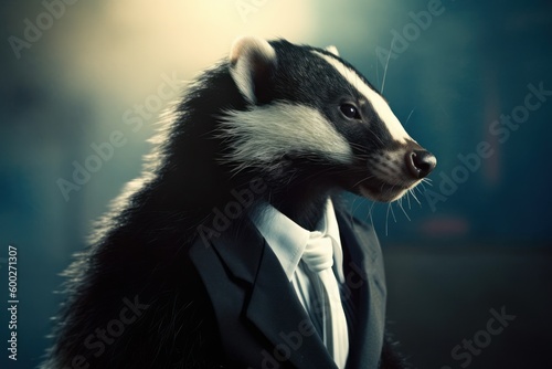 Anthropomorphic skunk dressed in a suit like a businessman. Business Concept. AI generated, human enhanced