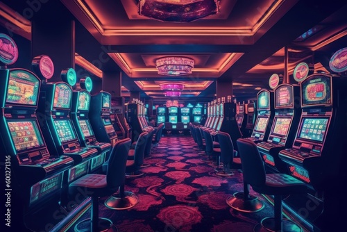 Fototapeta Luxury casino interior with lots of slot machines
