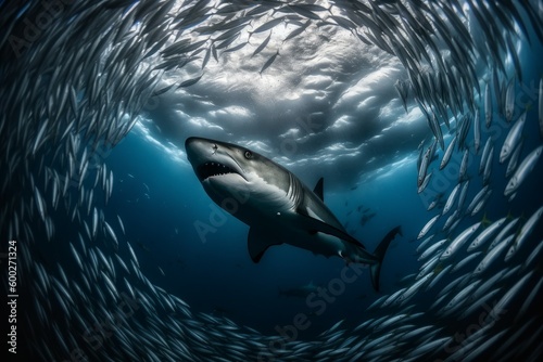 A predatory shark among a school of fish. AI generated, human enhanced.
