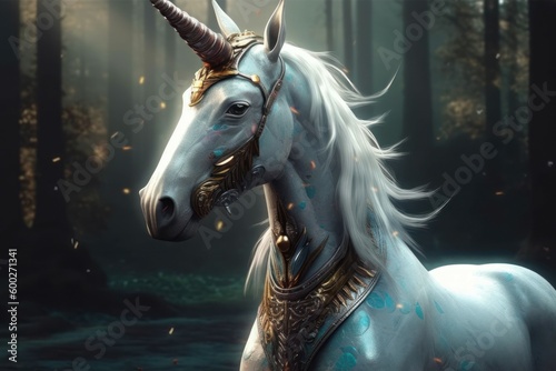 Fairytale unicorn. Mythical animal with one horn. AI generated, human enhanced