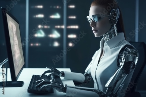 Woman robot secretary at work. Background with selective focus. AI generated, human enhanced