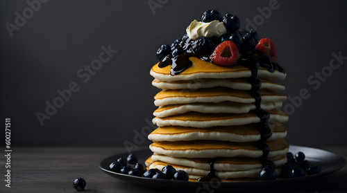 A towering stack of fluffy pancakes, topped with a generous helping of butter and chocolate or maple syrup, with blueberries and raspberries