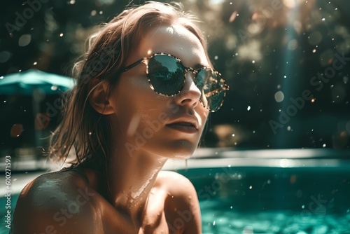 Beautiful girl tanning luxuriously by a bright sun-kissed pool. generative AI