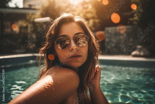 Beautiful girl tanning luxuriously by a bright sun-kissed pool. generative AI