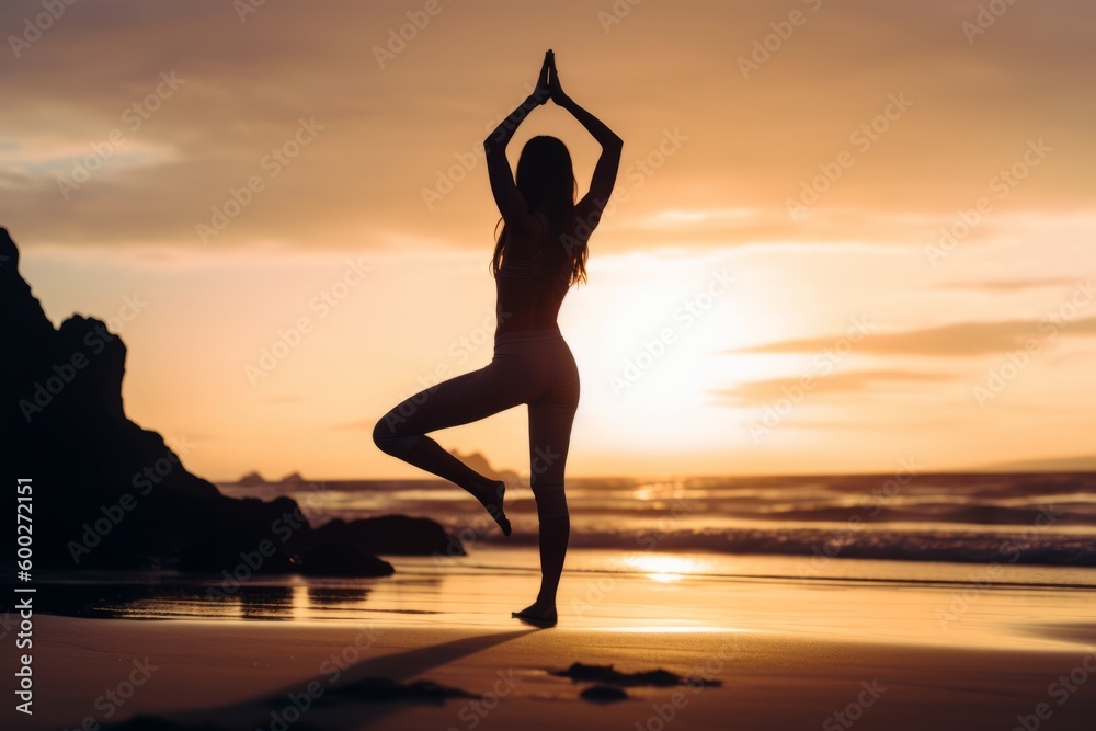 Serene Sunrise Yoga: Young Athlete on Beach, Generative AI