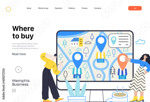Memphis business illustration. Where to buy -modern flat vector concept illustration of people looking for shopping points on a map. Commerce business sales metaphor.