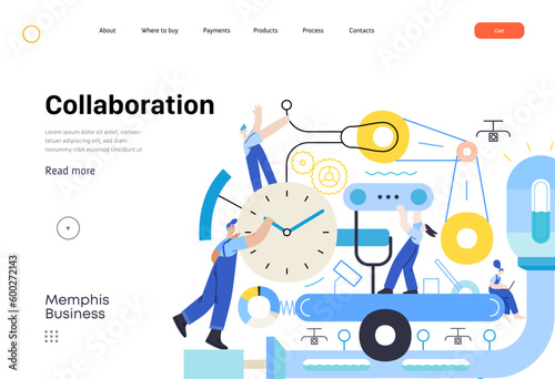 Memphis business illustration. Collaboration -modern flat vector concept illustration of team, people working together on a product mechanism in a factory. Corporate teamwork metaphor. © grivina