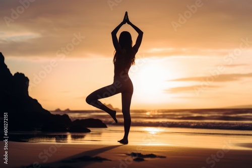 Serene Sunrise Yoga: Young Athlete on Beach, Generative AI