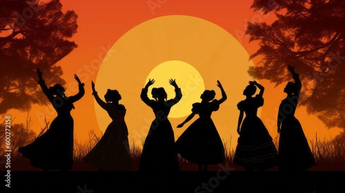 Foto Black Silhouettes of a Group of Women in 1800s Clothing Celebrating Freedom, Ill